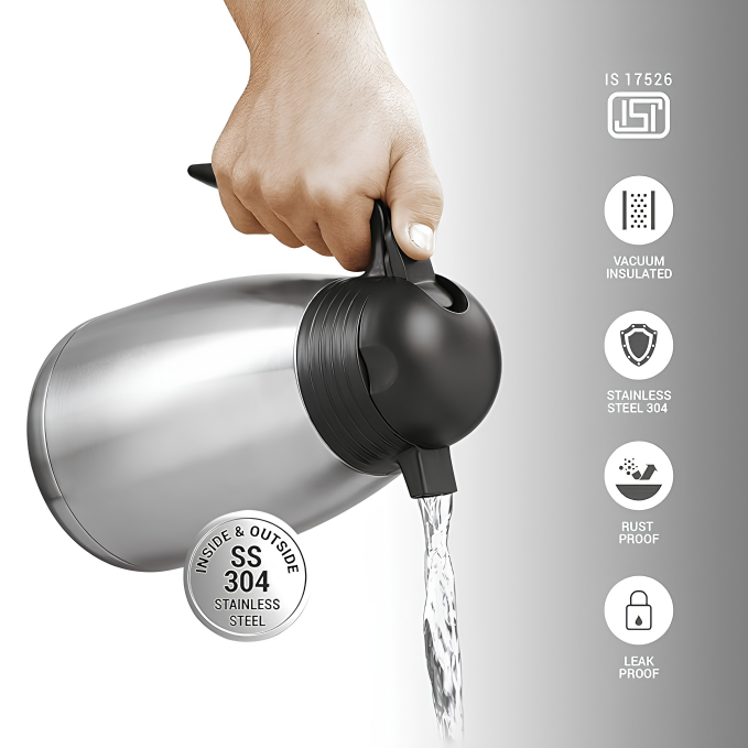 MILTON Stainless Steel Double Walled Vacuum Insulated Carafe 1000 Flask with Handle, 1000 ml, Silver |For Hot & Cold Beverages |Leak Proof | Rust Free | Easy to Carry