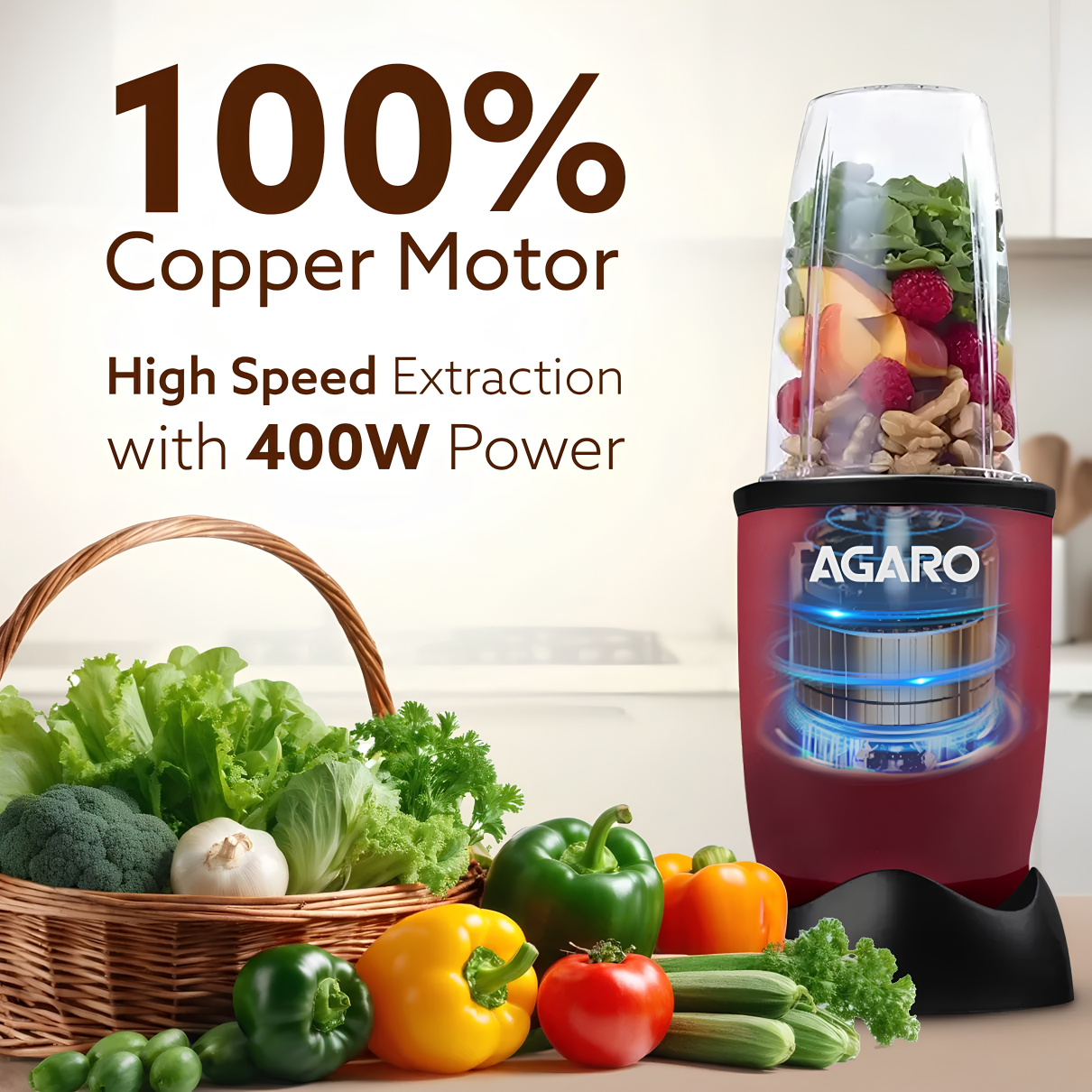 AGARO Regal Blender with 3 Jars | 400 Watts Personal Blender with 100% Copper Motor | Stainless Steel Blades | Smoothie Maker, Masala Grinder, Use for Milkshakes, Juices & Chutney | Red