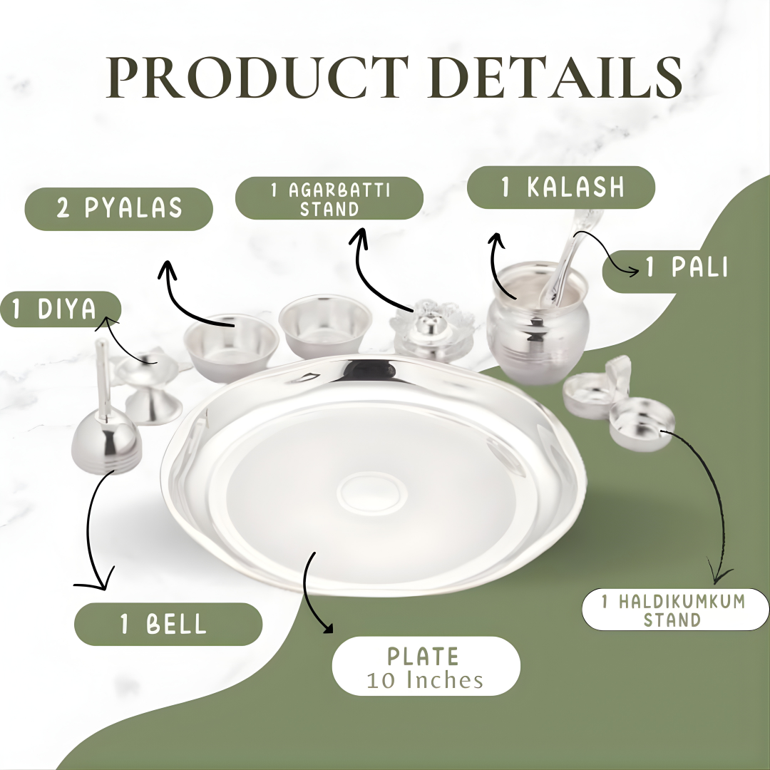 SILVERGLOW Arpan Pooja Set | Silver Plated Puja Thali Set | Festival Ethnic Puja Aarti set | Diwali, Office, Mandir, Wedding/Return Gift Item of 9 Pieces
