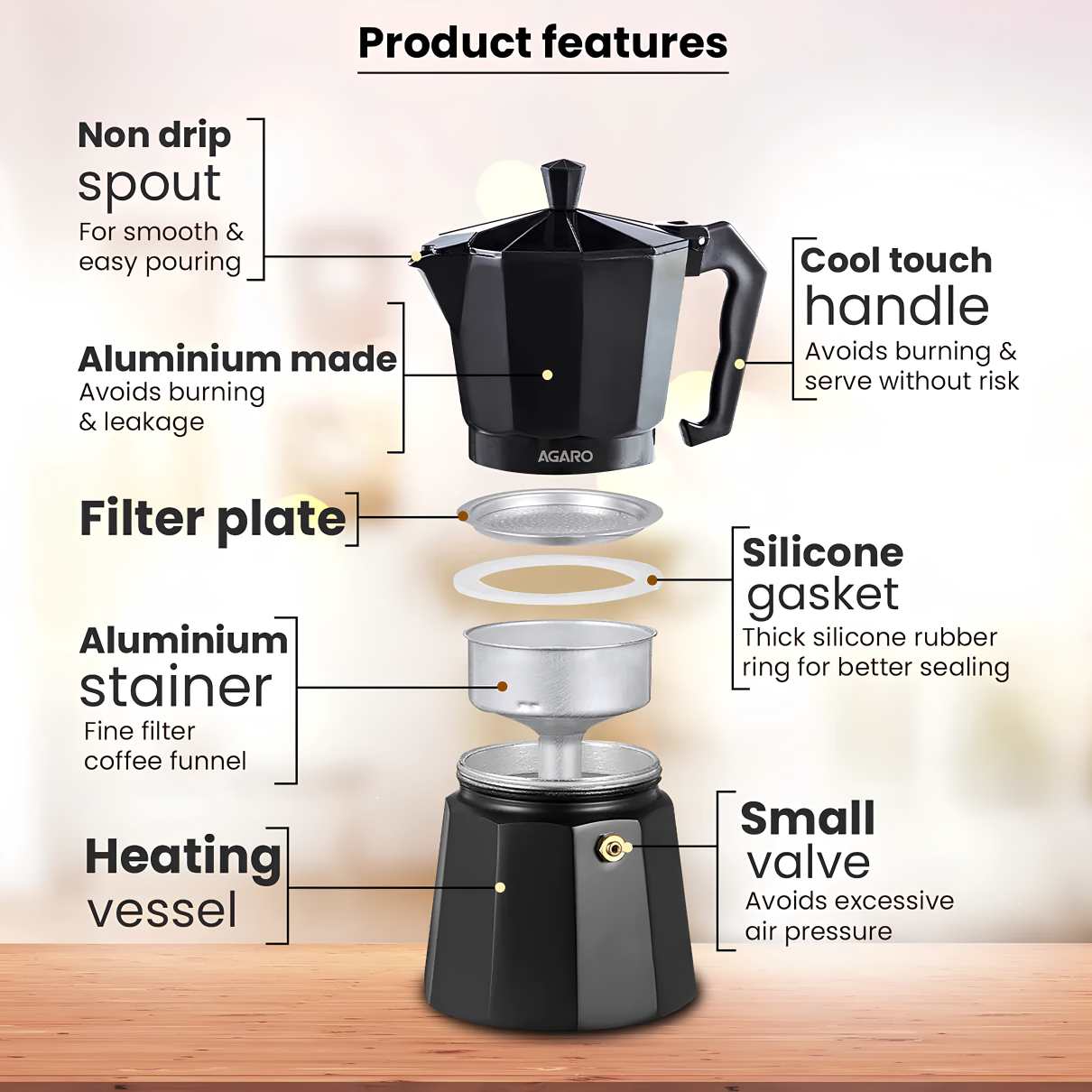 AGARO Classic Moka Pot - 240 ML - Black | Premium Aluminium Built | Italian Style Mocha | Cuban Café Brewing | Stove Top