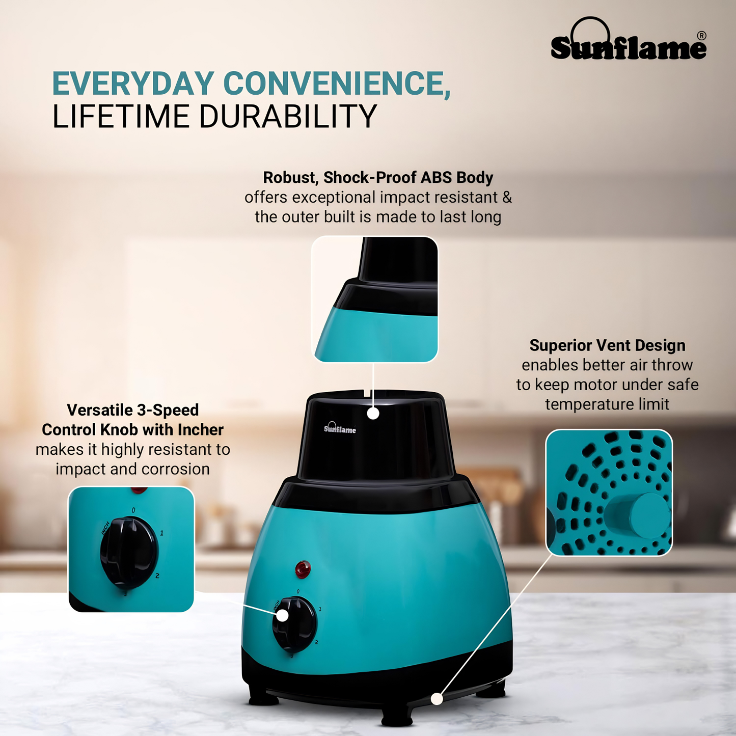 Sunflame MG50 Mixer Grinder | Powerful 500W Motor | Easy-to-Clean Removable Blades | 3 Multi-Utility Jars | 3 Speed Settings | Compact Size | Leak-Proof Lids | 2-Year Coverage
