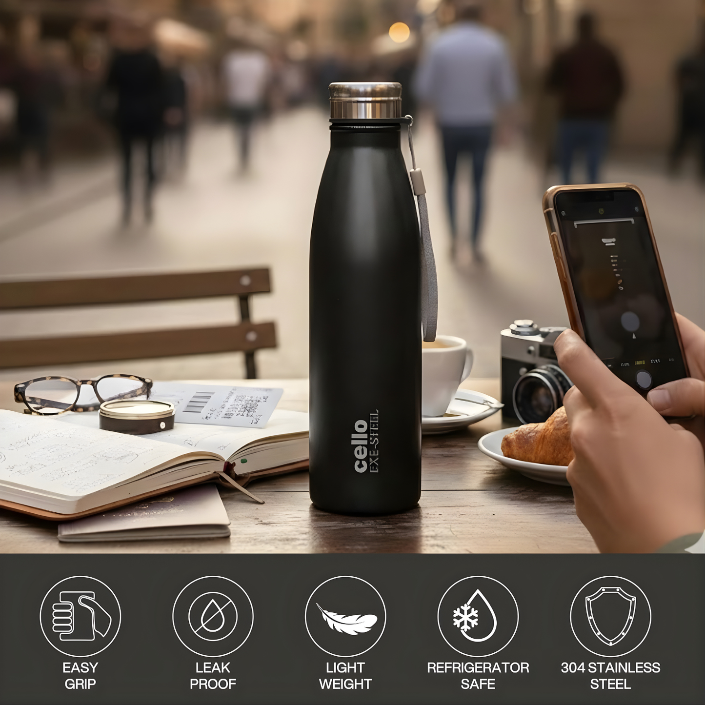 CELLO Zupp 1000 Stainless Steel Water Bottle 1000 ML Black | ISI Certified Single Wall Rust & Leakproof Fridge Safe Water Bottle |