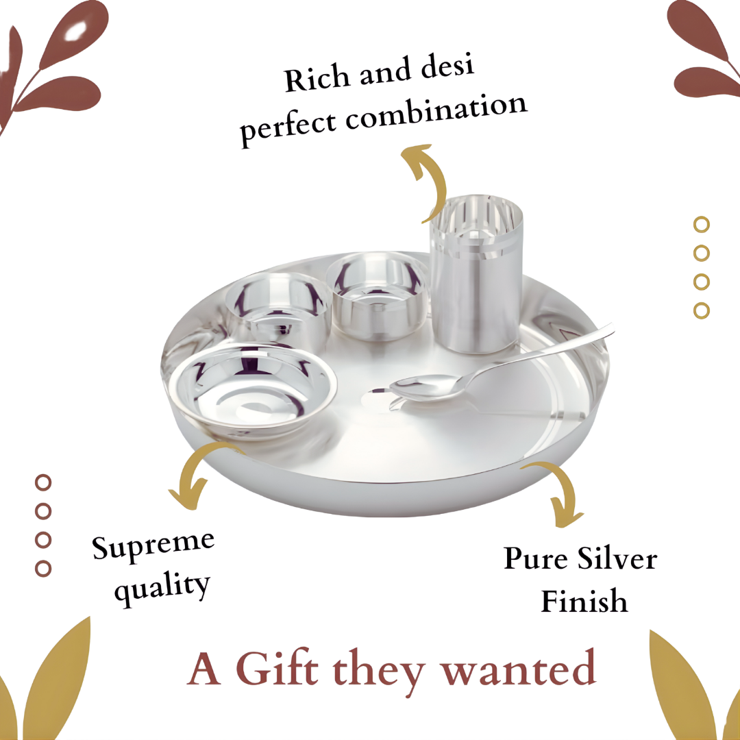 SILVERGLOW Stainless Steel Silver Dinner Set of 6 pcs, Pure-Silver Plated Luxury Dinnerware Set, Festival/Wedding Return Gift, Hotel, Restaurant Dining Set