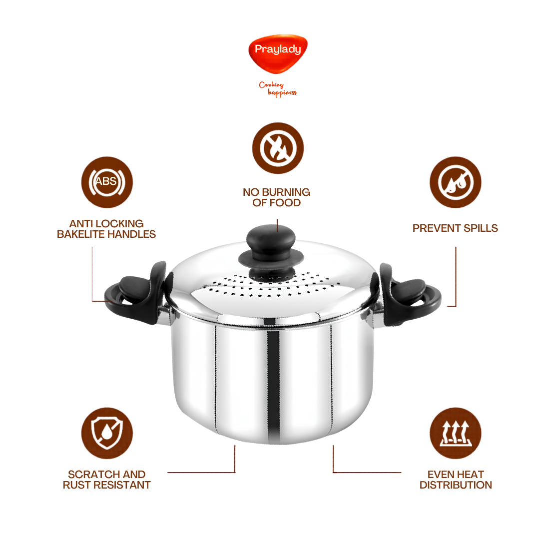 Praylady Stainless Steel Strainer Pot | Anti-Locking Glass Lid | Multi-Purpose Pasta, Rice & Noodle Pot | Large Family Pot | Induction & Gas Compatible