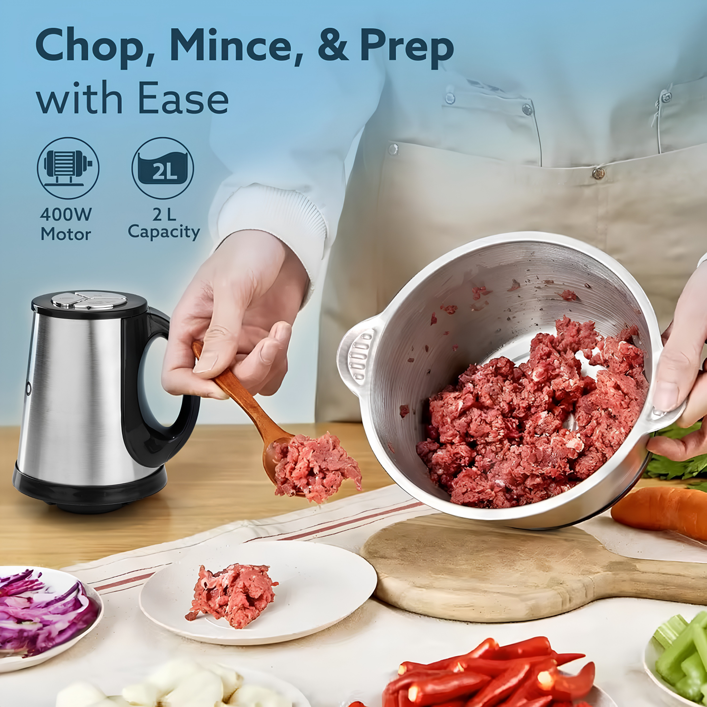 AGARO Delite Vegetable, Meat & multipurpose Chopper Cum Whisker for Kitchen | Garlic Peeler | Egg Whisker, 2 Ltr Bowl | 400 W Motor | 3 Speed | Stainless Steel Body