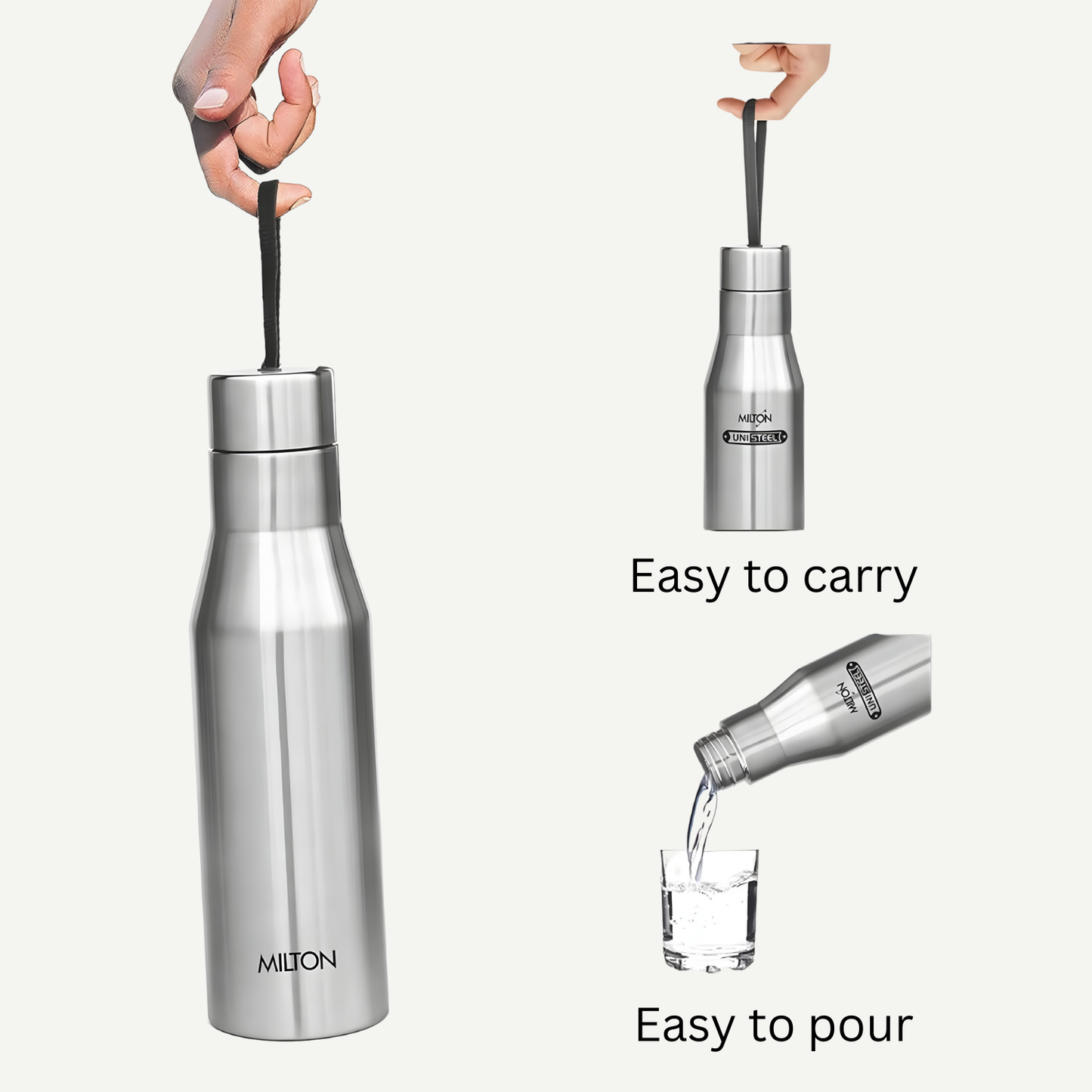 MILTON Super 1000 Single Wall Stainless Steel Bottle, Set of 3, 1000 ml Each, Silver | 100% Leak Proof | Fridge | Office Bottle | Gym Bottle | Home | Kitchen | Hiking | Trekking I Travel