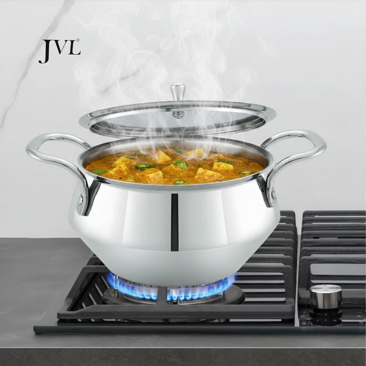 JVL Cookwell Premium Stainless Steel Heavy Gauge Mirror Finish (Cook-Store-Serve Pot) | CW-3P | 1700 ML | Induction Compatible