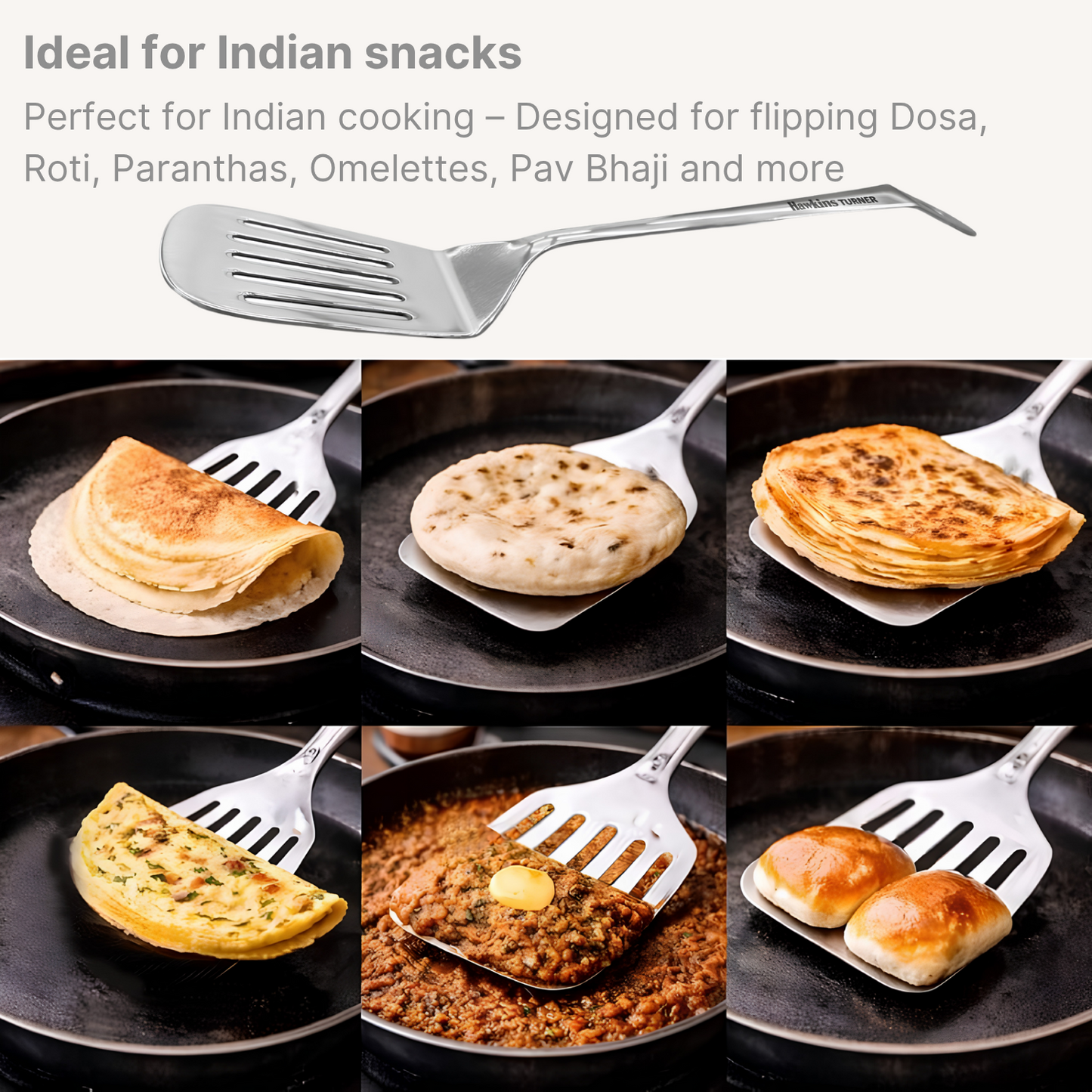 HAWKINS Food-grade Stainless Steel Turner for Dosa, Roti, Omlette, Paranthas, Pav Bhaji | Slotted Spatula, Ladle, Palta | Perfect for Flipping, Stirring, Stir-Frying, Draining (SSPTT)