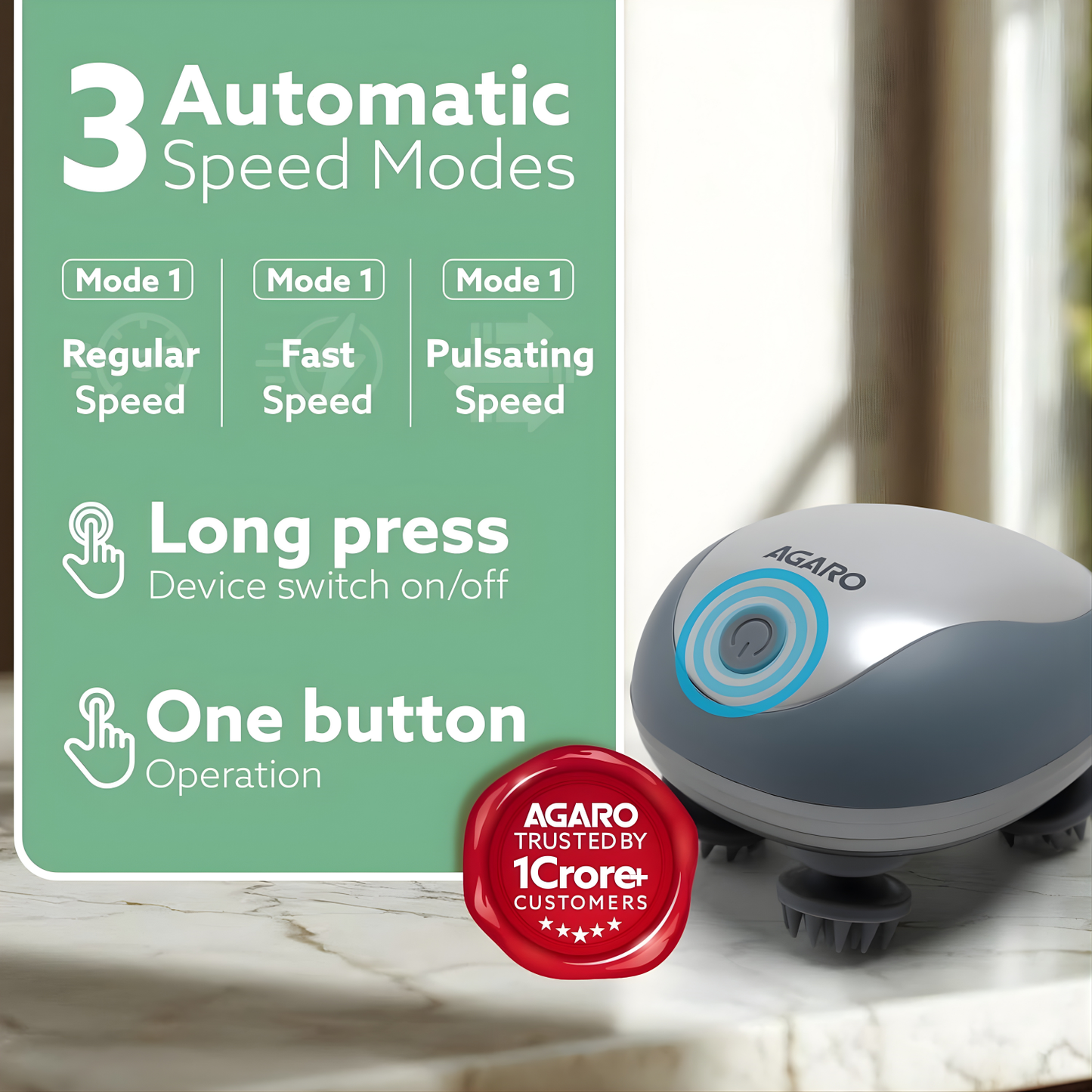 AGARO Scalp Massager, Rechargeable Electric Head Kneading Massager, 3 Speed Modes, Handheld Portable Head Scratcher Massager for Hair Growth, Deep Clean & Stress Relax, SM3675