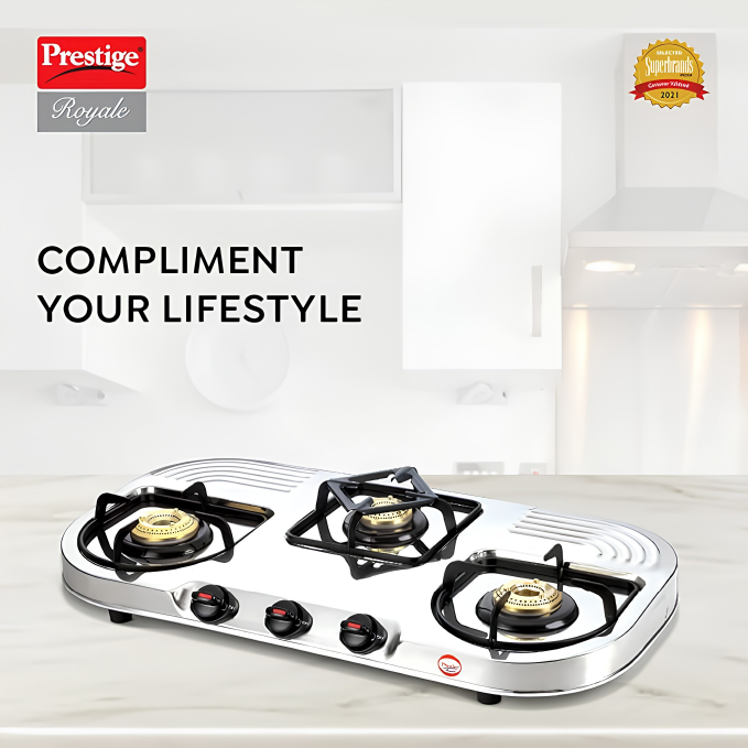 PRESTIGE Royal Stainless Steel Duplex 3 Burner Gas Stove | Extra Wide Body | Spill-proof Design | Brass Burners | Taller Legs | 2 Year Warranty