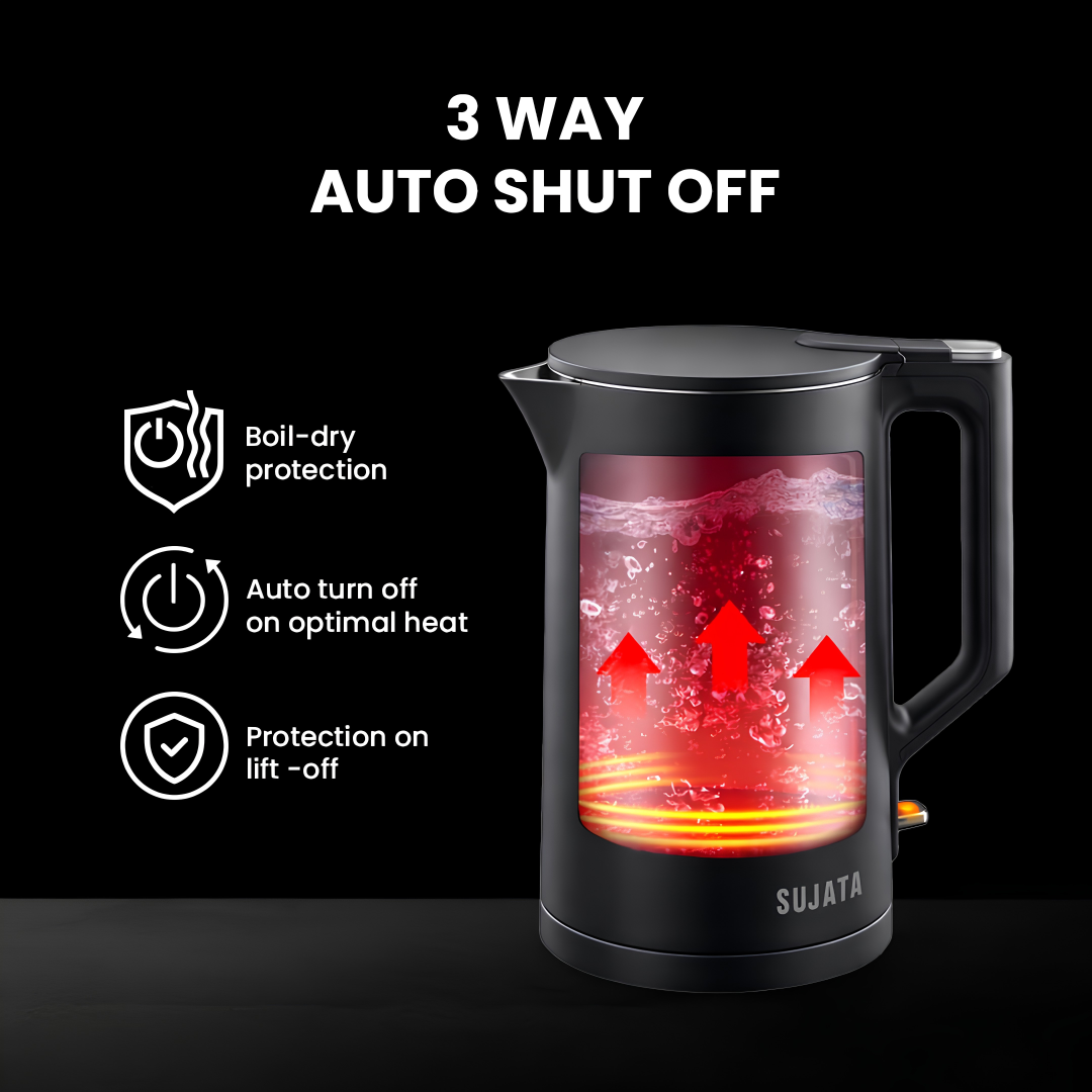 SUJATA 1380 W Electric Kettle EK01 1.5 Litre | Strix Controller (Dry Heat Protect) | Cool Touch | 3 Way Auto Shut Off | Stainless Steel | Double Wall Cool Touch | 360 Degree base | Black