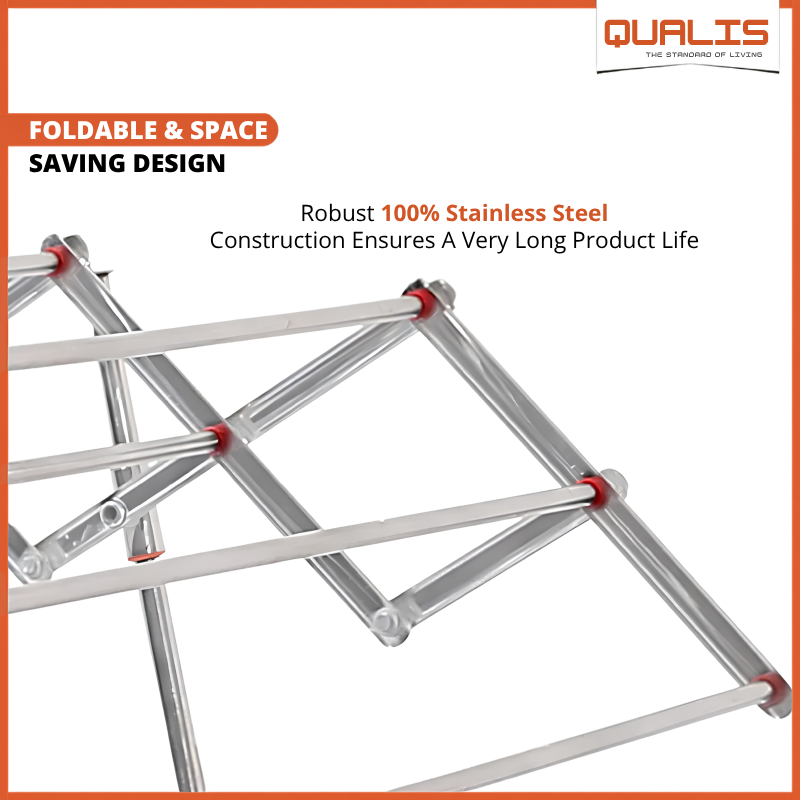 QUALIS Galaxy Zig Zag Foldable Cloth Drying Stand | Pure Stainless Steel | With Wheels | For Home & Farm House