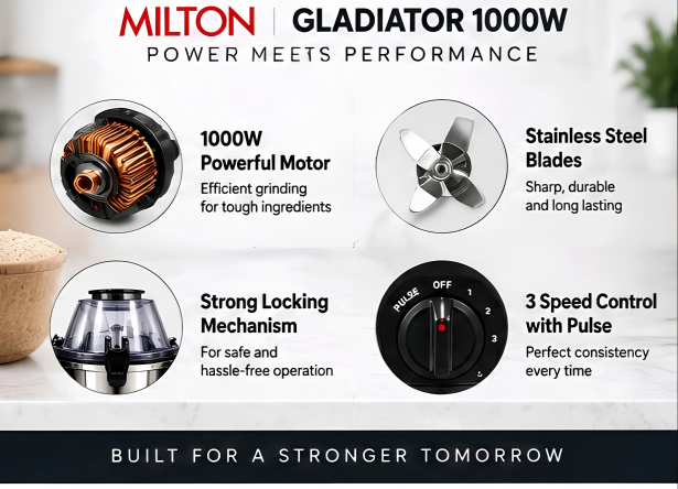 MILTON Gladiator 1000 W Mixer Grinder | Powerful Noiseless Motor with Double Ball Bearing | 3 Stainless Steel Jars with Metal Couplers | 3-Speed Control with Pulse | 120 Minutes Rating |5 Years Warranty on Motor|ISI Certified|Black