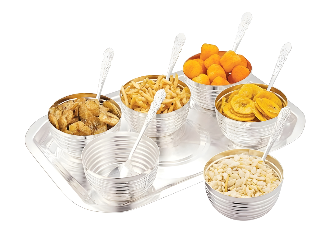 SILVERGLOW Calibre Serving Set | Silver Plated Bowl Set of 13 | Dry Fruits, Snacks containers | Serving Tray Bowl Set | Tableware Set | Perfect Diwali, Office, Wedding, Return Gift