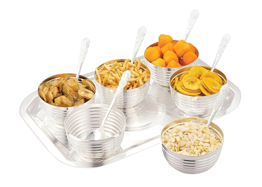 SILVERGLOW Calibre Serving Set | Silver Plated Bowl Set of 13 | Dry Fruits, Snacks containers | Serving Tray Bowl Set | Tableware Set | Perfect Diwali, Office, Wedding, Return Gift