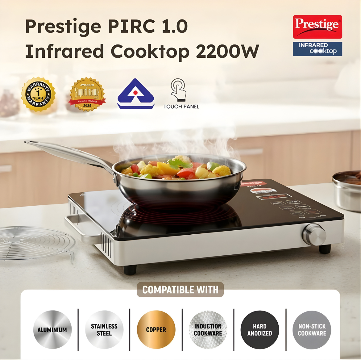 Prestige Infrared Cooktop PIRC 1.0 | 2200-watt heating element, Stainless Steel & Ceramic | Adjustable Temperature Control | Cool Touch Handle | Induction Cooktop Style | 1-Year Warranty