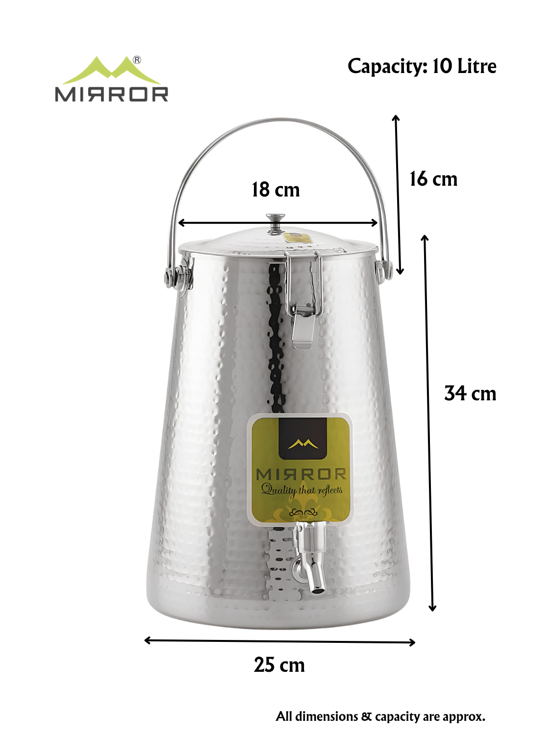 MIRROR Premium Stainless Steel Conical Water Tank : Small | Capacity : 10 Litre (Hammered)