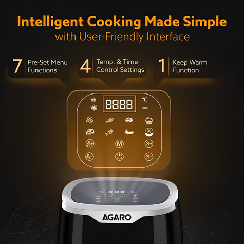AGARO Galaxy Digital Air Fryer for Home, 4.5 L, Electric Air Fryer, Convection Oven | 1400W | 7 Pre-set Programs & Reheat | 360 Degrees Air Circulation | Digital Touch Display | Bake, Roast, Toast | Black