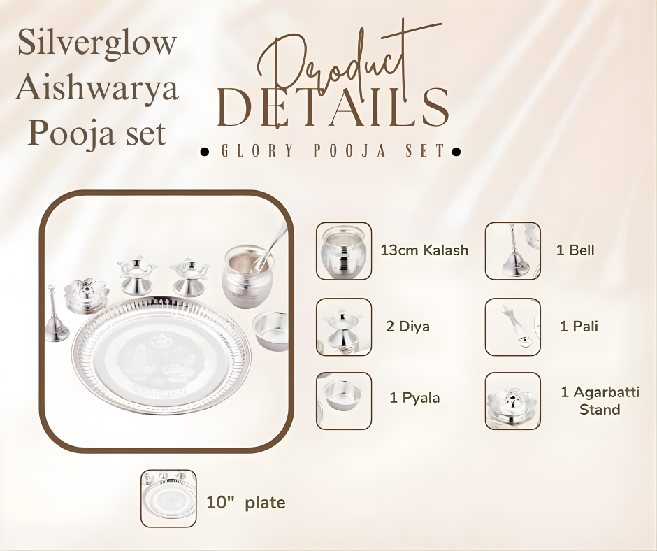 SILVERGLOW Arpan Pooja Set | Silver Plated Puja Thali Set | Festival Ethnic Puja Aarti set | Diwali, Office, Mandir, Wedding/Return Gift Item of 9 Pieces