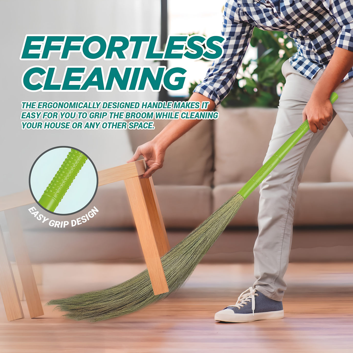 SPOTZERO By Milton Spotzero Airavat Premium Grass Broom I Shillong & Silchar Grass Blend I Extra Long Ergonomic Handle Design, 1 Pcs