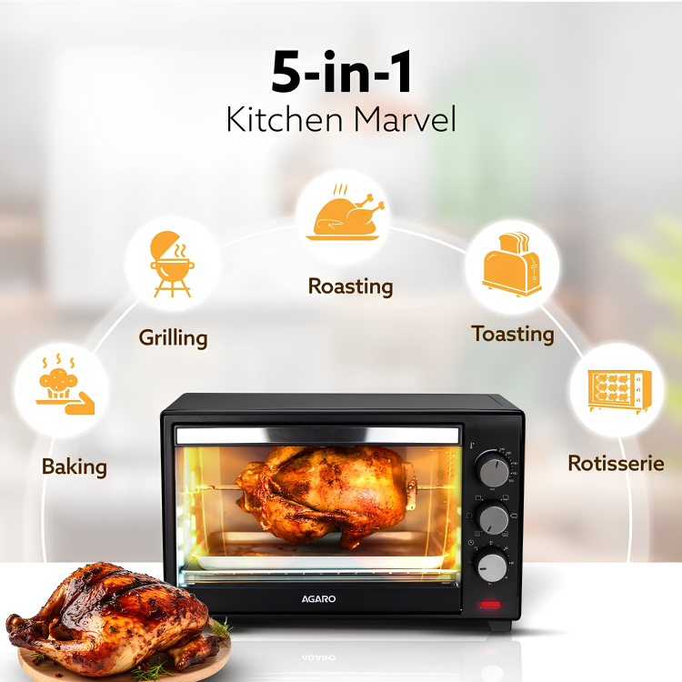 AGARO Marvel Oven Toaster Griller, 25 Littre’s, Motorised Rotisserie, Adjustable Temperature, 5 Heating Modes & Timer, Cake Baking, Roasting, Grilling, OTG (Black)