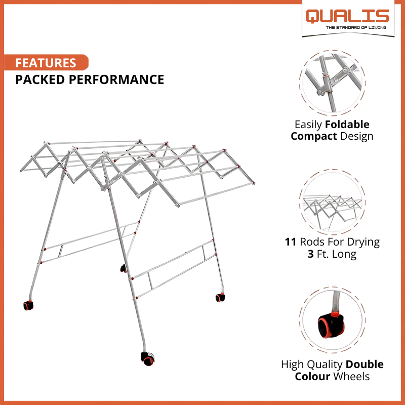 QUALIS Galaxy Zig Zag Foldable Cloth Drying Stand | Pure Stainless Steel | With Wheels | For Home & Farm House
