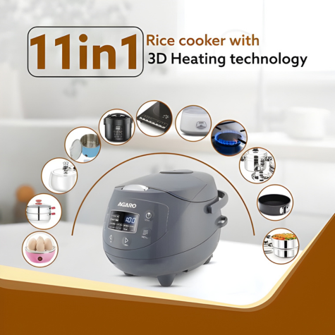 AGARO Imperial Electric Rice Cooker - 2L - Grey | 8 Preset Cooking Function | Advanced Fuzzy Logic | 24Hrs Keep Warm Function | 350 W