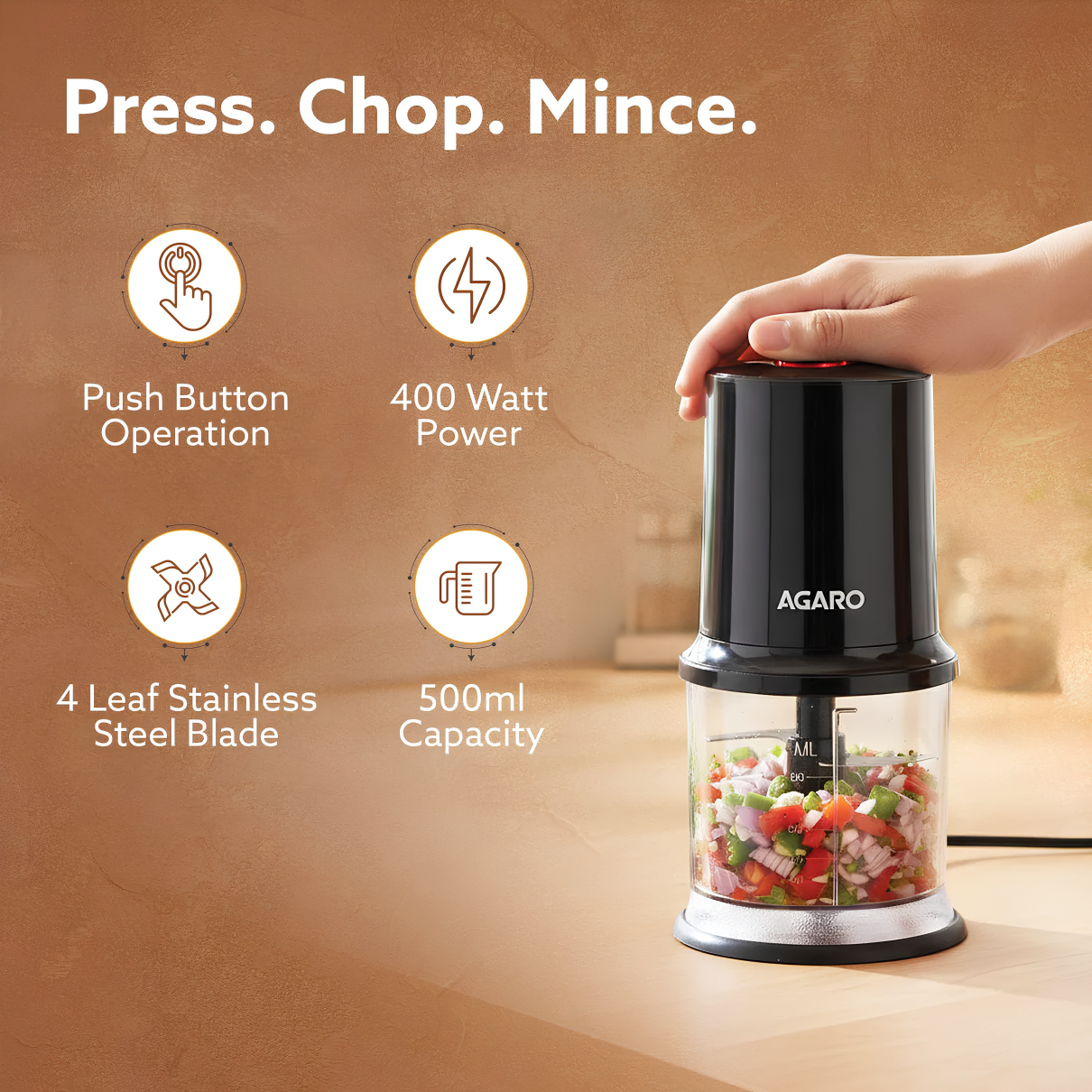 AGARO Elegant Vegetable Chopper | 100% Pure Copper Motor, Chop, Mince, Dice, Twin Stainless Steel Blade, 500 Ml, One Touch Operation, Elegant, Black.
