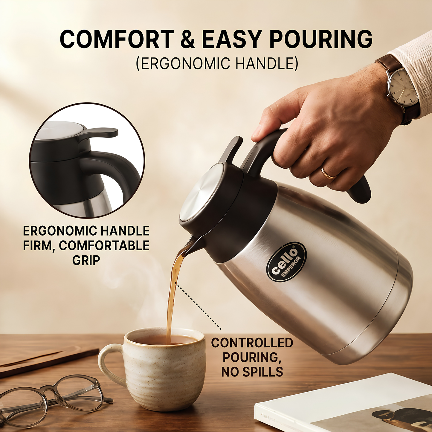 CELLO Emperor Stainless Steel Tea & Coffee Flask Carafe with Handle, Silver | Double Wall, Vacuum Insulated, 24 Hours Hot and Cold Flask Carafe | Ideal For Home, Kitchen, Office & Restaurants