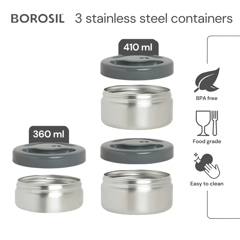 BOROSIL Hot-N-Fresh Stainless Steel Insulated Lunch Box, 3 Containers (1pcs 360 ml + 2pcs 410 ml), Grey