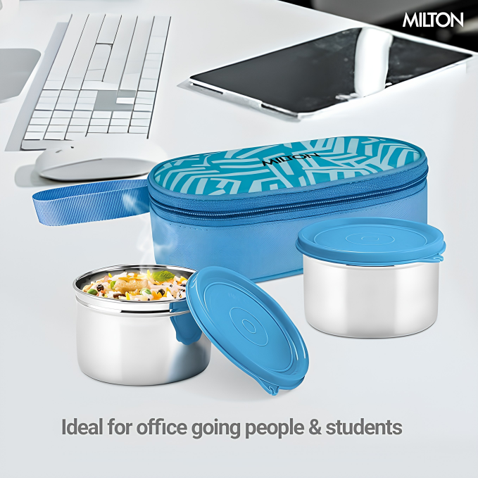 MILTON Plato Pack Big Stainless Steel Lunch Box (2 X 500 ml containers) with Jacket | Leak Proof, Food Grade I Lightweight, Odour Proof | 1 Year Warranty I Ideal for Office, School, Travel