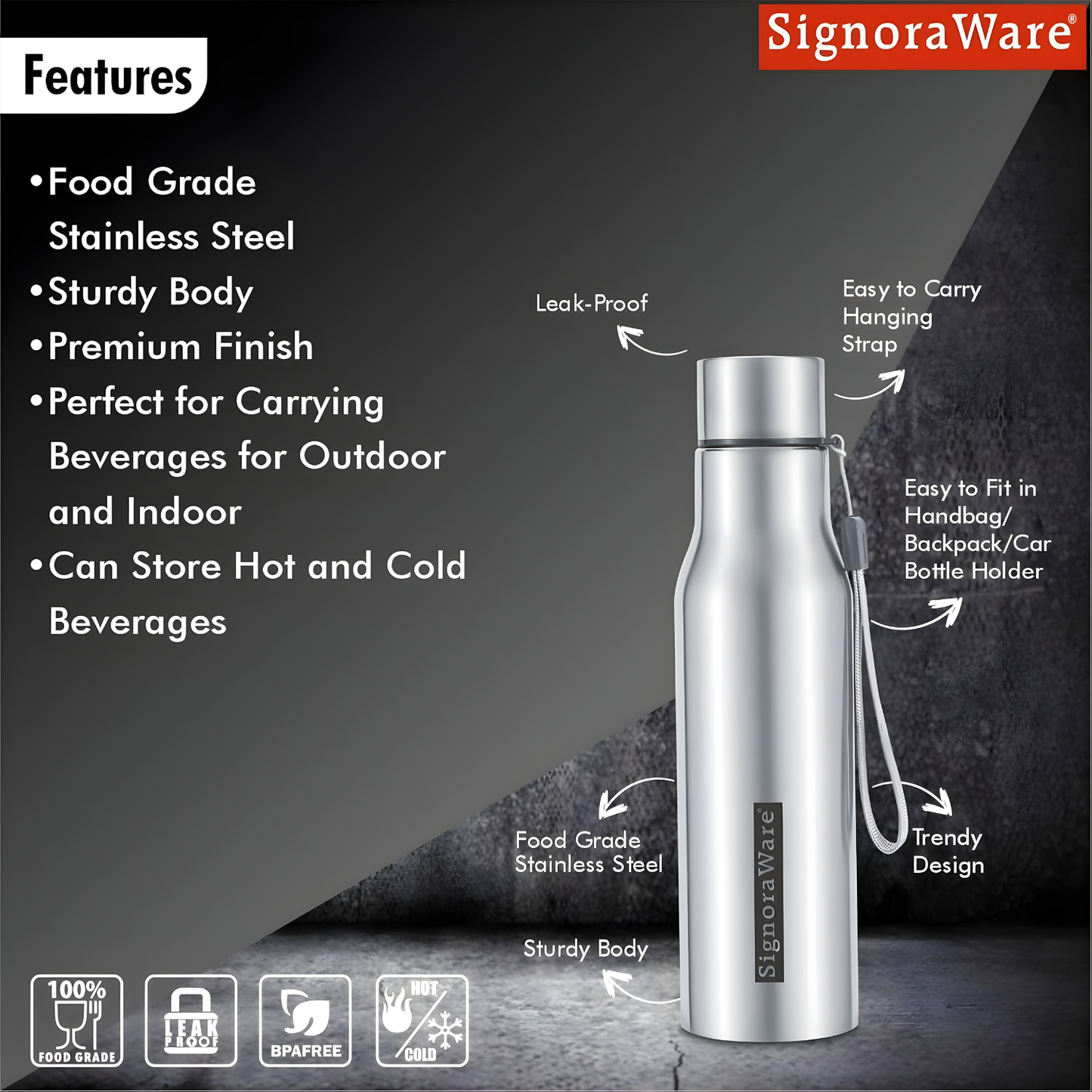 SIGNORAWARE Blaze Stainless steel Water Bottle, 1 Litre | Reusable | Dishwasher Safe | Wide Mouth | Fridge safe | Ideal for Office Use | Great for Camping | Sports & Outdoor Activities