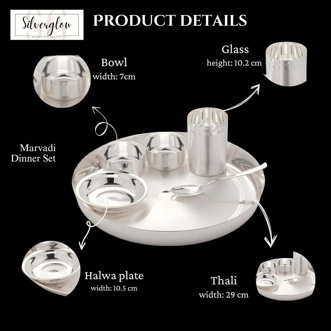 SILVERGLOW Stainless Steel Silver Dinner Set of 6 pcs, Pure-Silver Plated Luxury Dinnerware Set, Festival/Wedding Return Gift, Hotel, Restaurant Dining Set