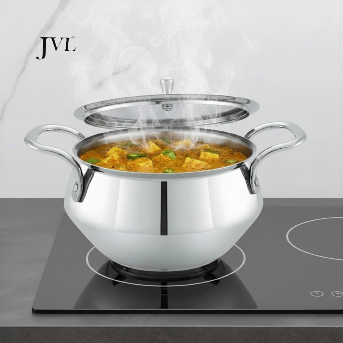 JVL Cookwell Premium Stainless Steel Heavy Gauge Mirror Finish (Cook-Store-Serve Pot) | CW-3P | 1700 ML | Induction Compatible