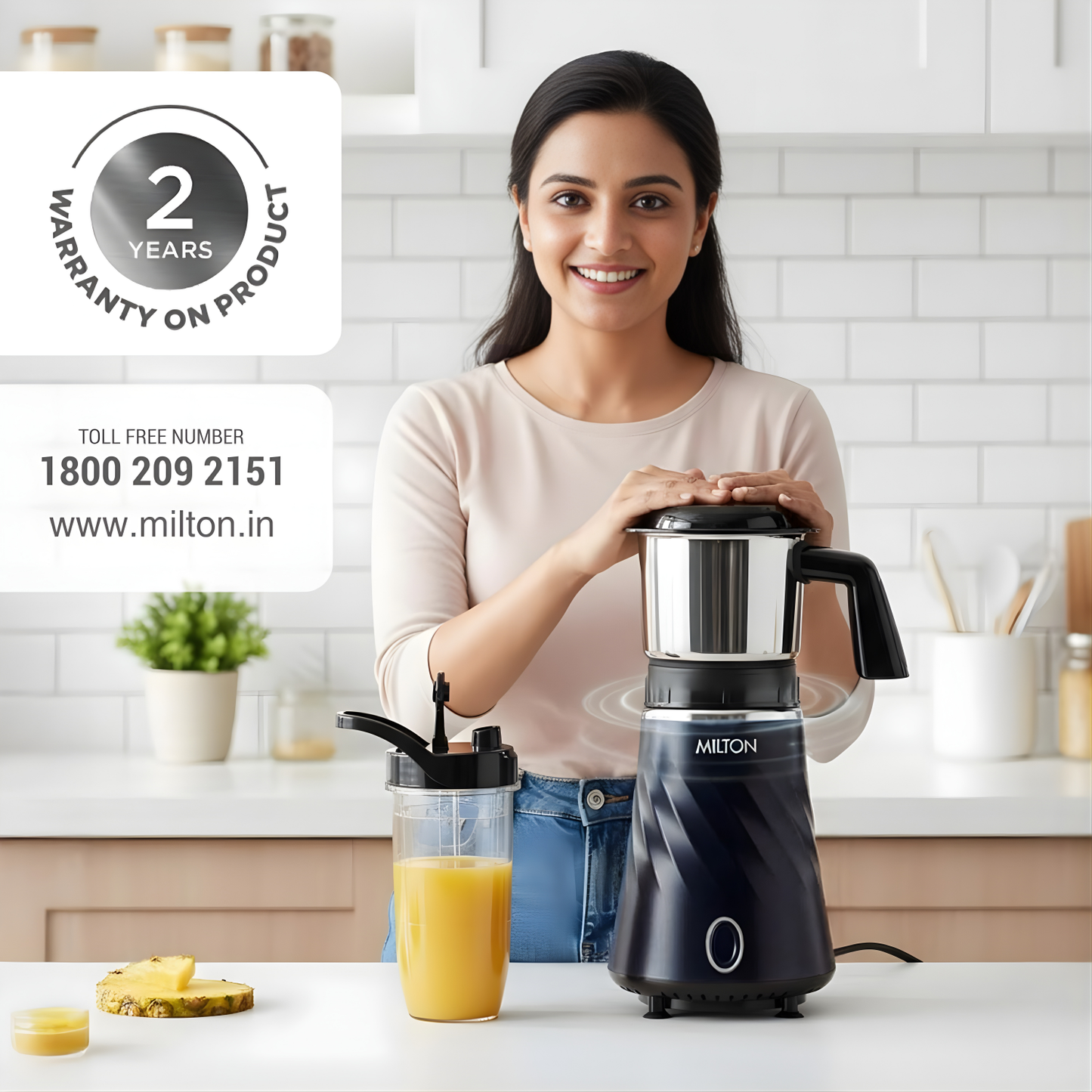 MILTON MINIQ Mini Mixer Grinder Blender Smoothie Maker, ISI Certified, Over Load Protector, HTLV 350W Motor, 2 Jar, Rust Resistant, Anti Skid Feet, Masala Grinder, Chutney Blender, Black/Blue