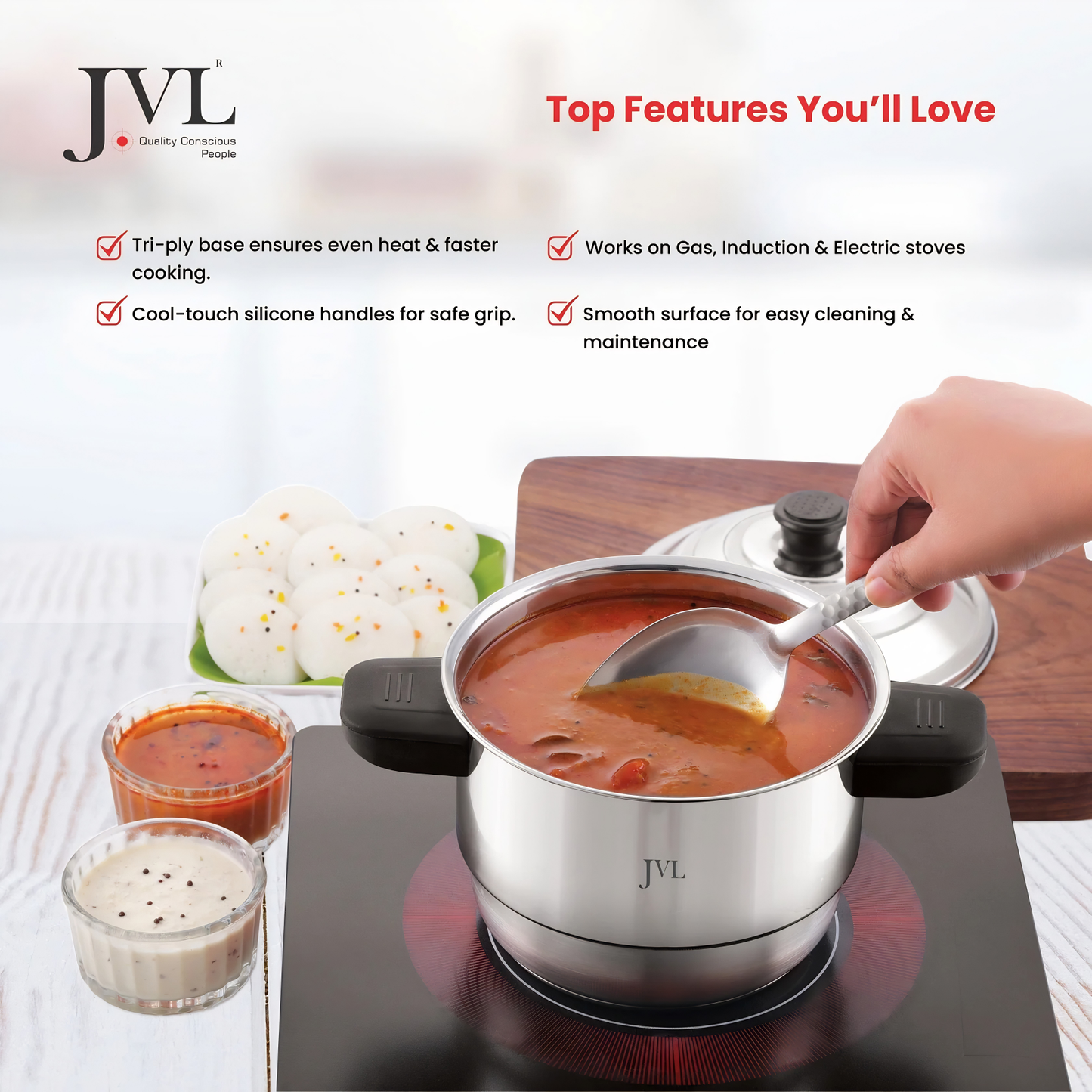 JVL Classicware 2 in 1 Mini Sambhar Idly Maker with Triply Base (Small Size) | 4 Idly Plates (16 Idlis)