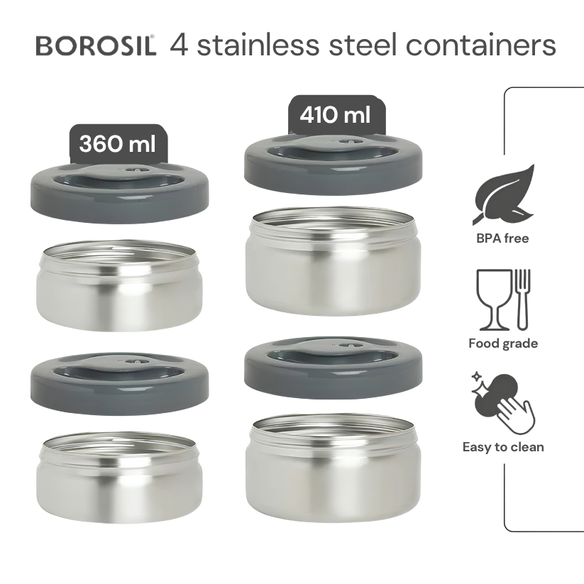 BOROSIL Hot-N-Fresh Stainless Steel Insulated Lunch Box, 3 Containers (1pcs 360 ml + 2pcs 410 ml), Grey