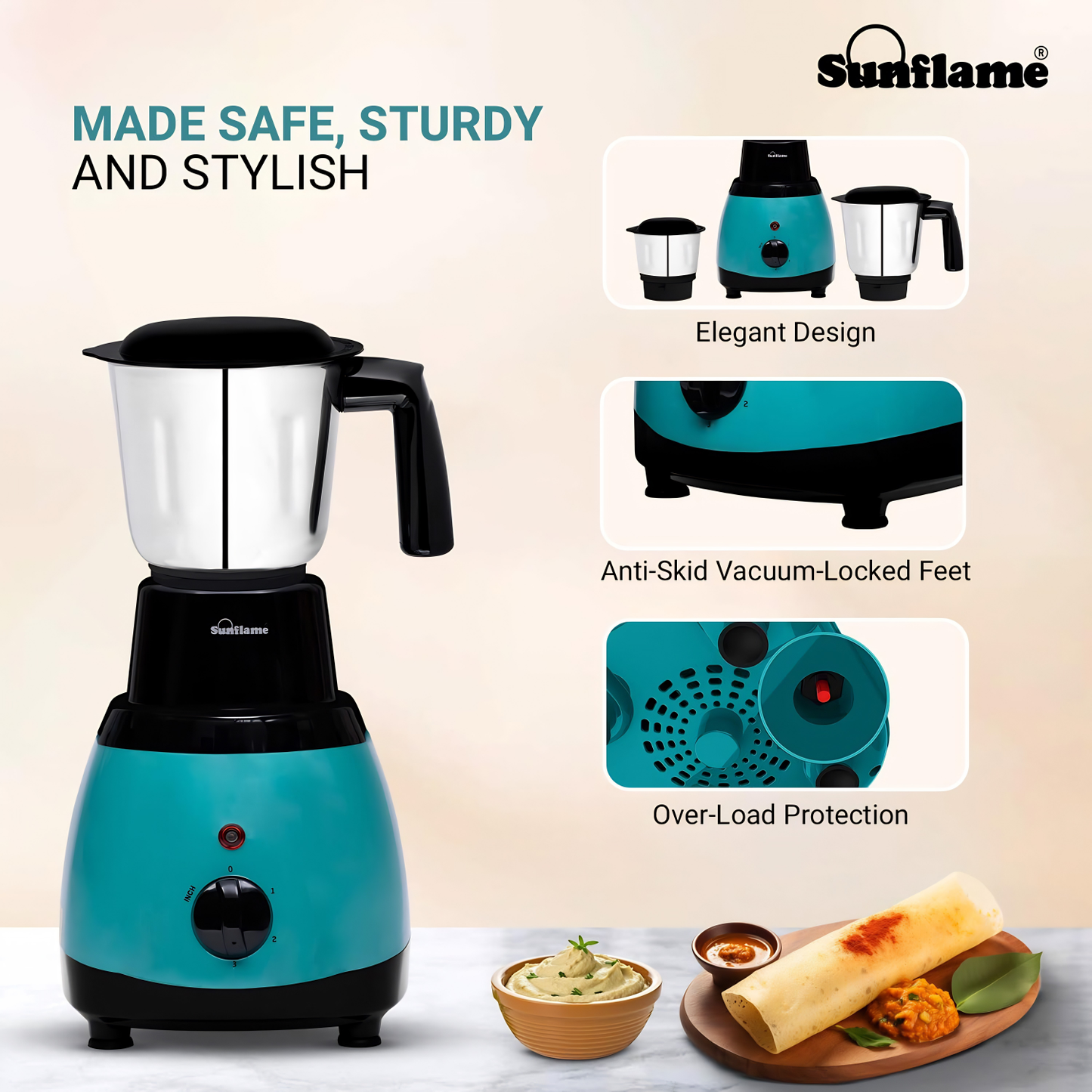 Sunflame MG50 Mixer Grinder | Powerful 500W Motor | Easy-to-Clean Removable Blades | 3 Multi-Utility Jars | 3 Speed Settings | Compact Size | Leak-Proof Lids | 2-Year Coverage