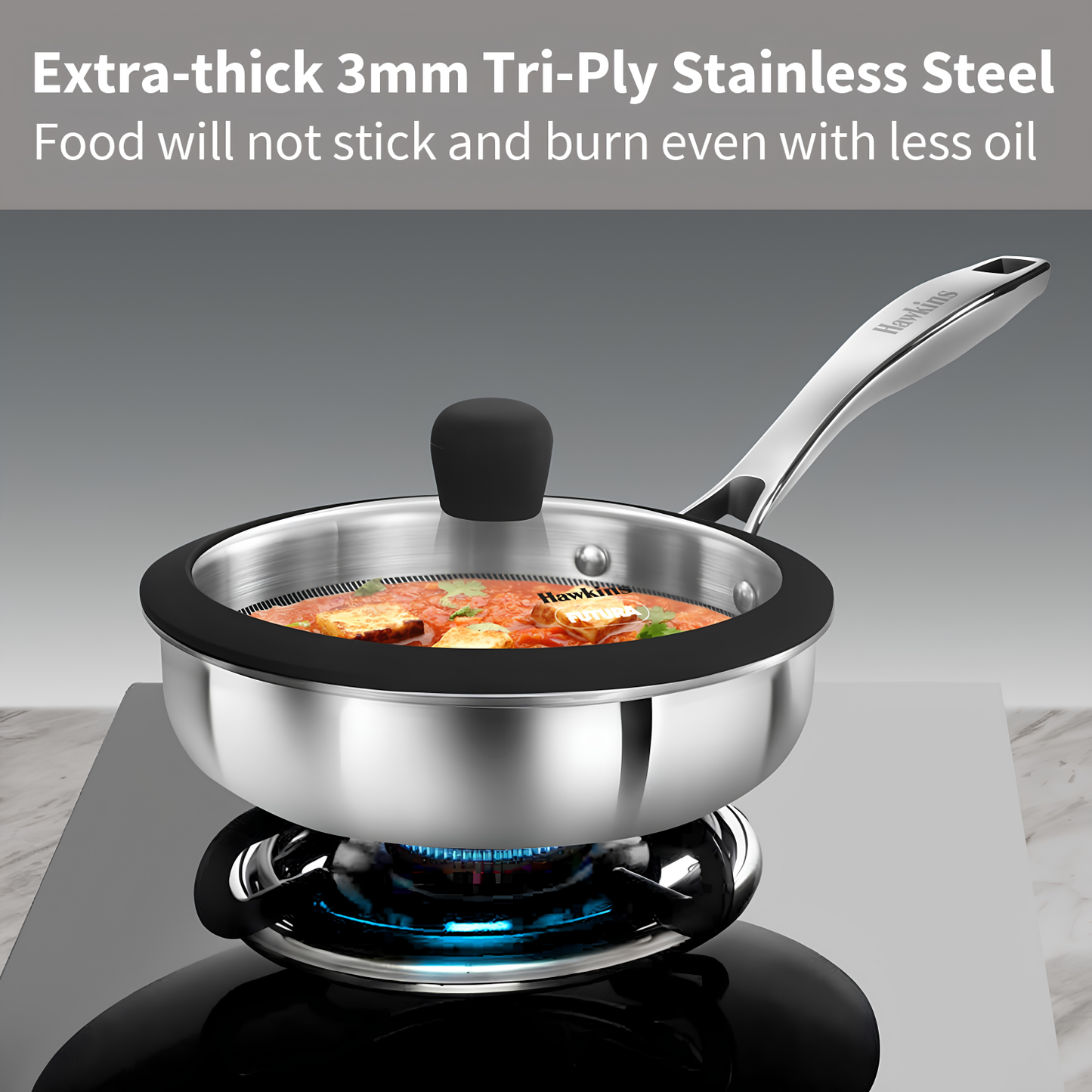 HAWKINS 18 cm Tri-ply Shielded Stainless Steel Non-Stick Pro Frying Pan | Induction & Gas Compatible | Even Heating | with Glass Lid | Silver (PSNF18G)