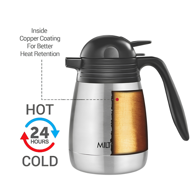 MILTON Stainless Steel Double Walled Vacuum Insulated Carafe 1000 Flask with Handle, 1000 ml, Silver |For Hot & Cold Beverages |Leak Proof | Rust Free | Easy to Carry