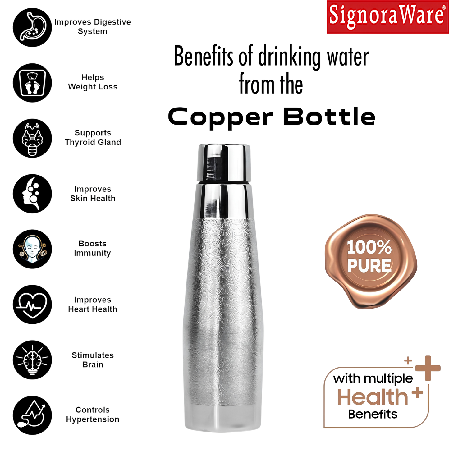 SignoraWare Zest Nickle Copper Water Bottle | Airtight & Leakproof | Holistic & Wellness Benefits | Ideal for Travelling & Office | Boost Immunity | Skin & Hair Wellness | Gifting Article (900ml)