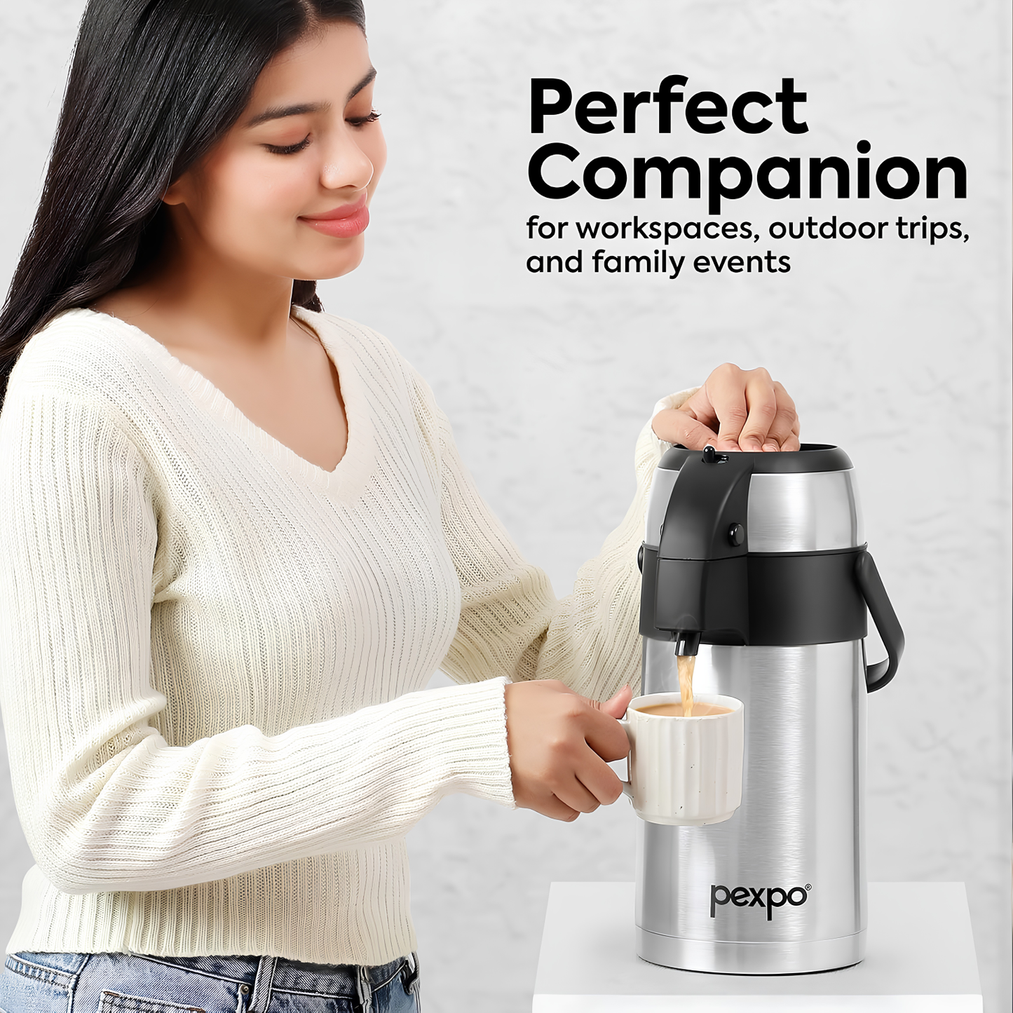 Go24 PEXPO AquaPort Stainless Steel Vacuum Insulated Beverage Dispenser with Pump | Hot & Cold | Double Wall | Sturdy Handle to Carry | Coffee/Tea Carafe - Silver