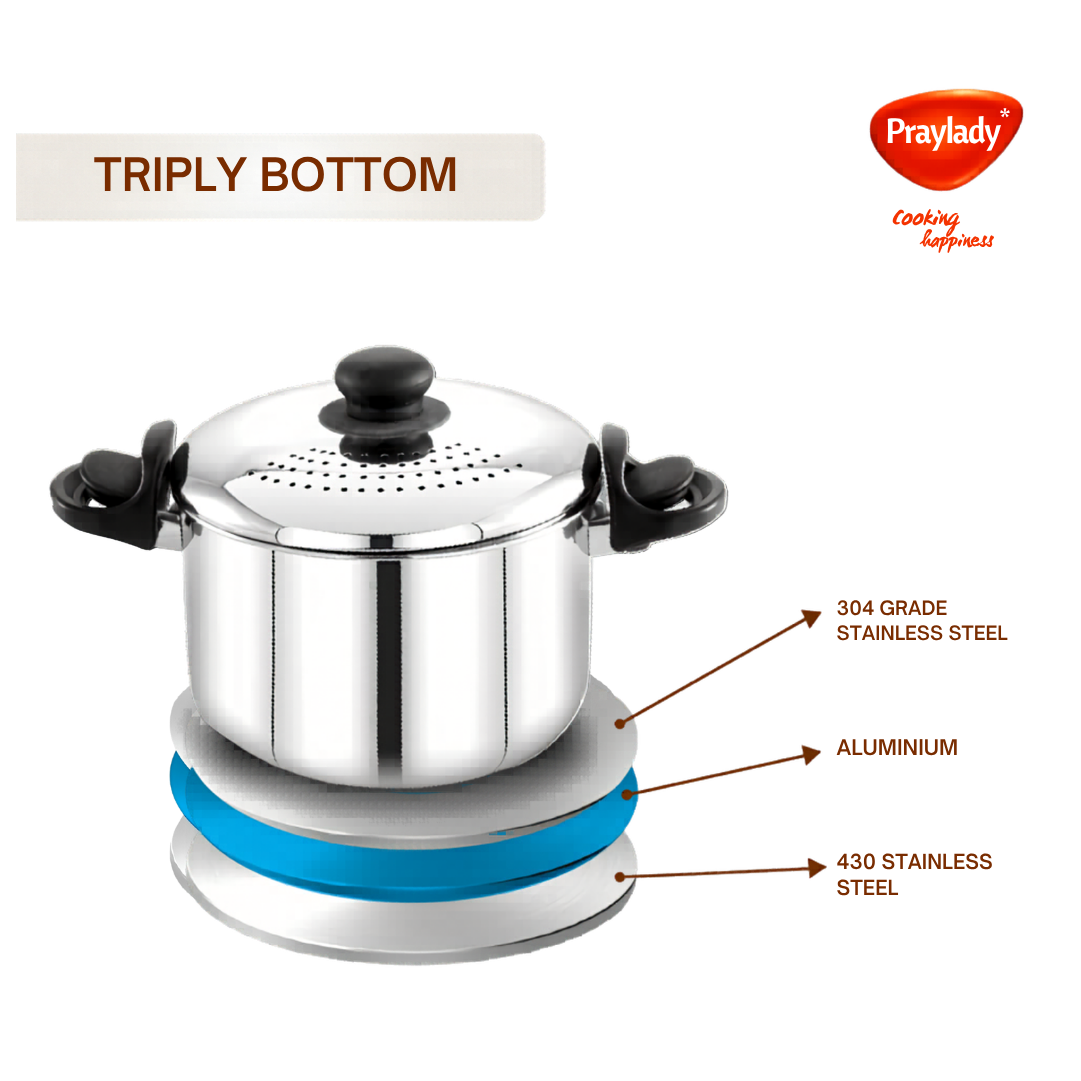 Praylady Stainless Steel Strainer Pot | Anti-Locking Glass Lid | Multi-Purpose Pasta, Rice & Noodle Pot | Large Family Pot | Induction & Gas Compatible