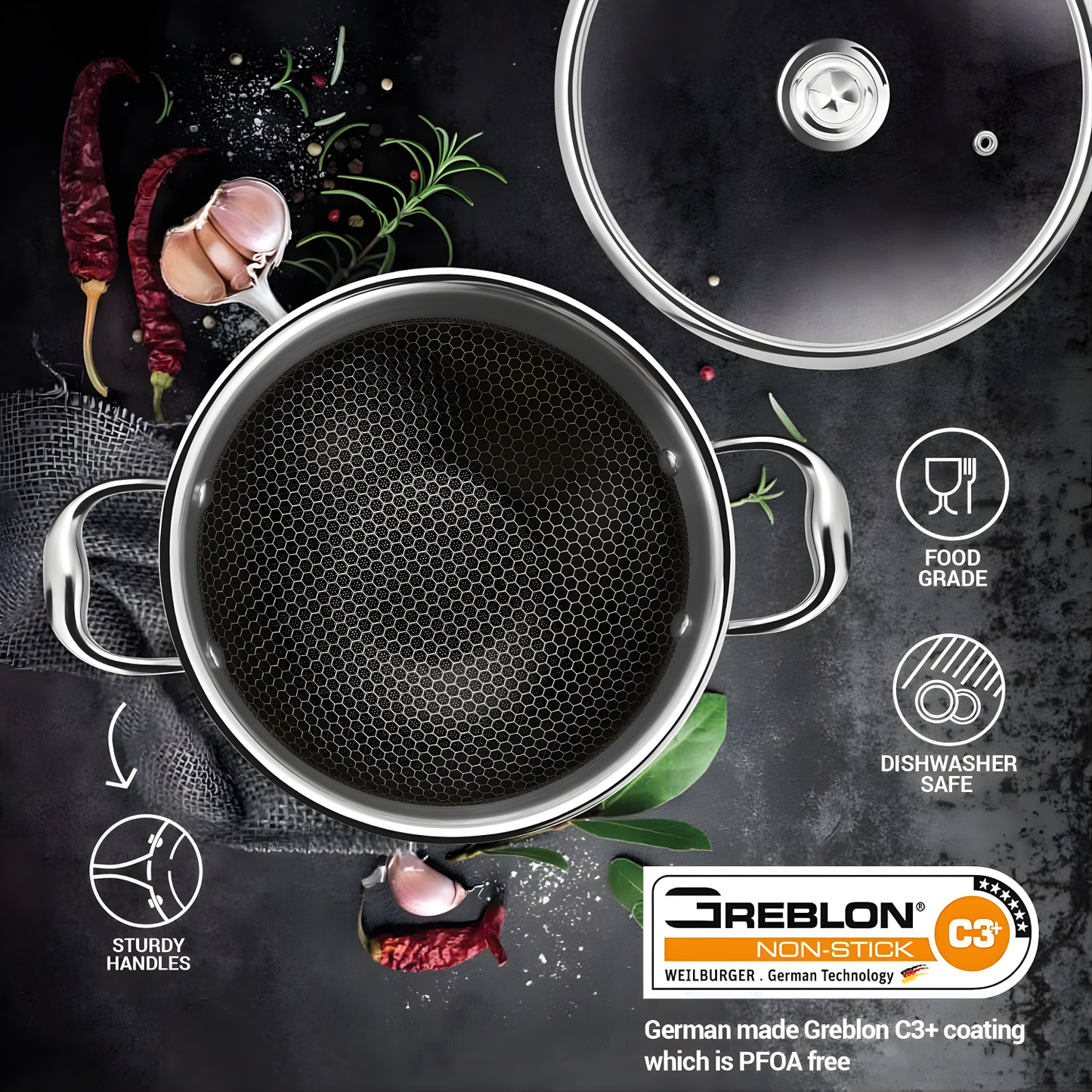 MILTON Pro Cook TriPly Hexa Tech Induction Stainless Steel Kadhai with Glass Lid