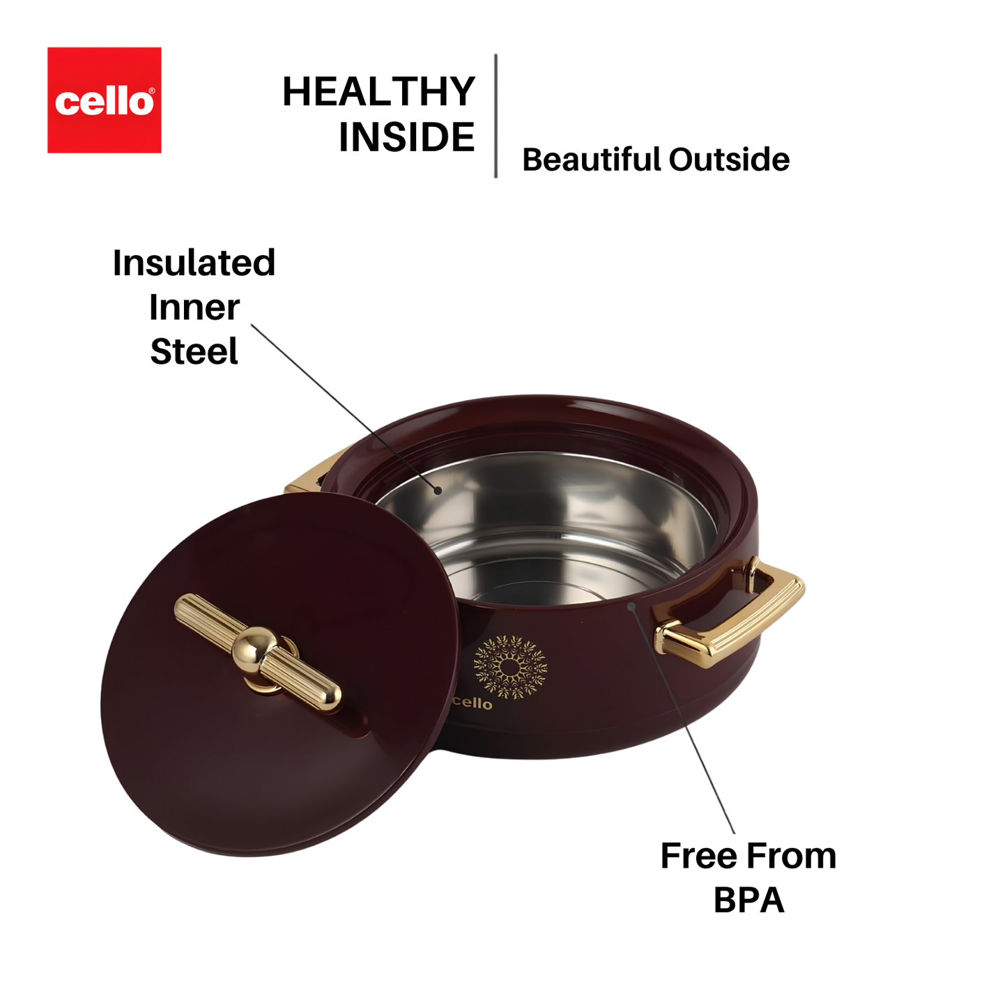 CELLO Jewel NX Insulated Casserole Set of 3 Pcs (500 ml, 1000 ml, 1500 ml) | Color: Burgundy | Double Wall Insulated Hot Pot |  Keeps Food Hot & Warm for Long Hours | Gifting