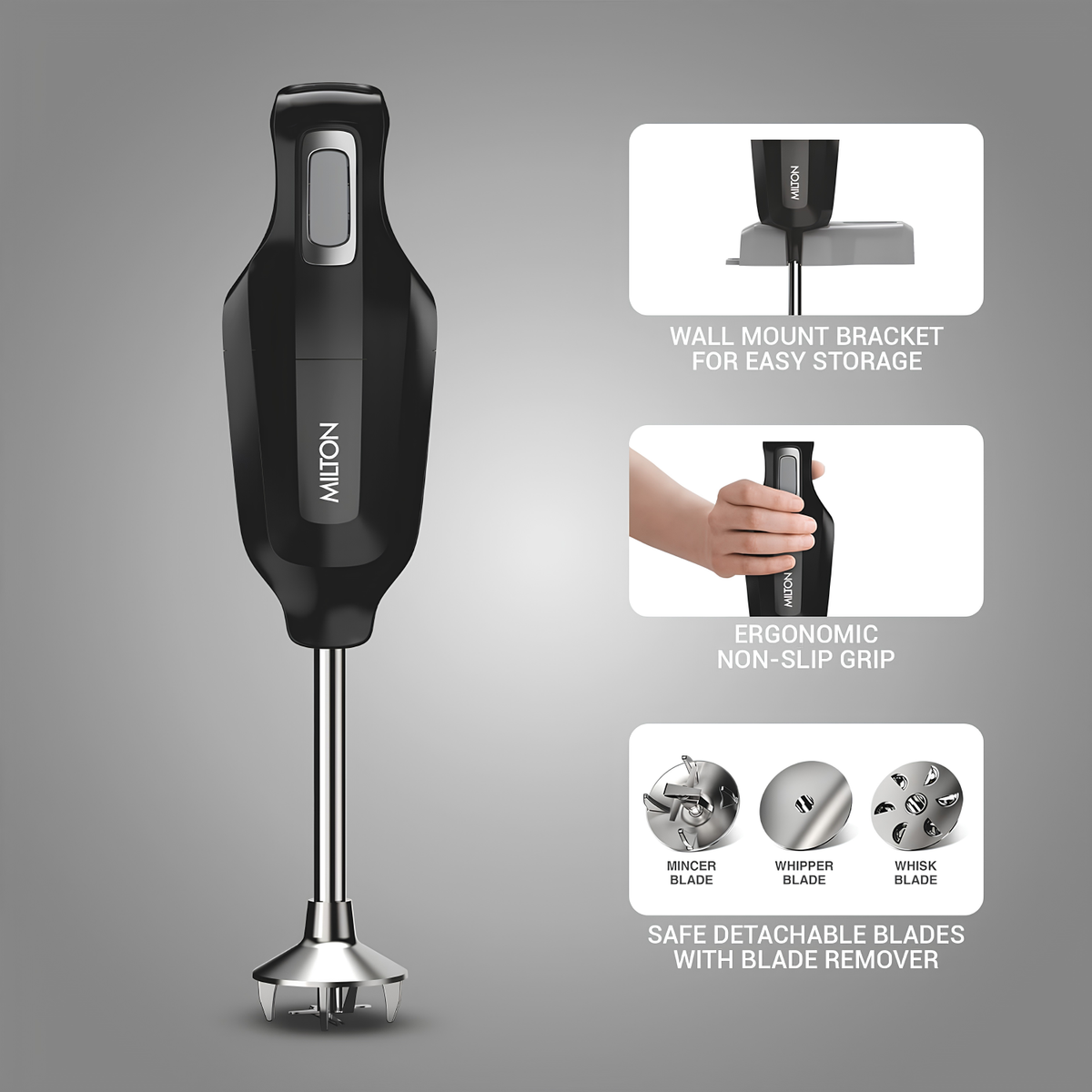 MILTON VorteQ Max Hand Blender | 225W Double Bearing Motor | 3 Detachable Stainless Steel Blades | Mincing, Whisking & Whipping | Wall Mount | ISI Certified | 2-Year Warranty | Black