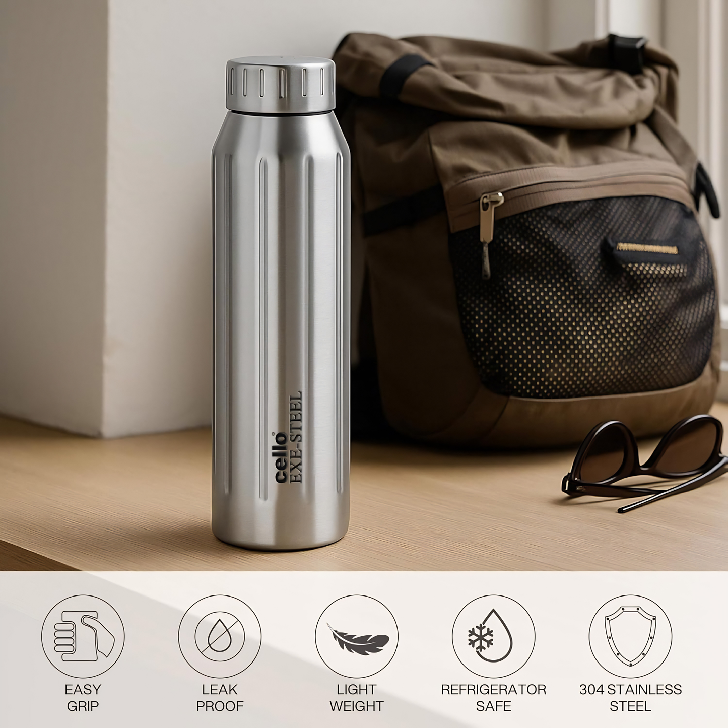 CELLO Volga Stainless Steel Bottle 900 ml, Silver | Single Walled Steel | Rust Proof, Stain Proof, Leak Proof Steel Bottle for Office | Dishwasher & Fridge Safe Steel Bottle for School