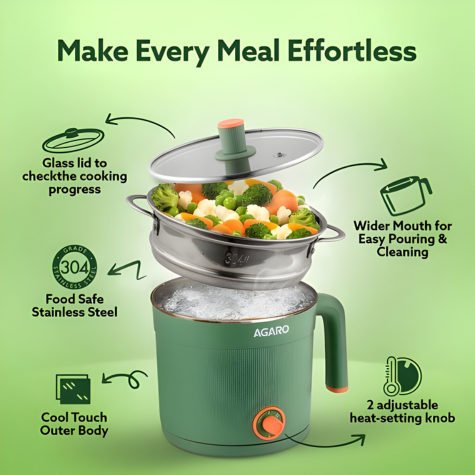 AGARO Regency Multi Cook Kettle With Steamer - 1.2 Litres - Sea Green | Boiling, Steaming, Tea, Coffee, Egg, Vegetable Boiling, 600 W