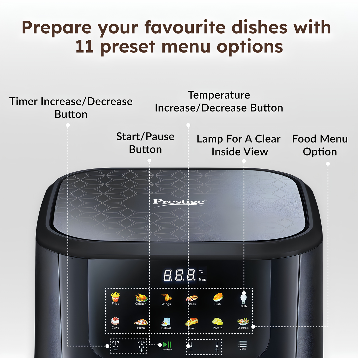 Prestige Crystachef 5.5 L 1350 W Air Fryer Black|11 Pre-set Menu Option | See Through Window|Safety Interlocking | Specially Designed Frying Basket| Up to 80% Less Oil|1 Year Warranty