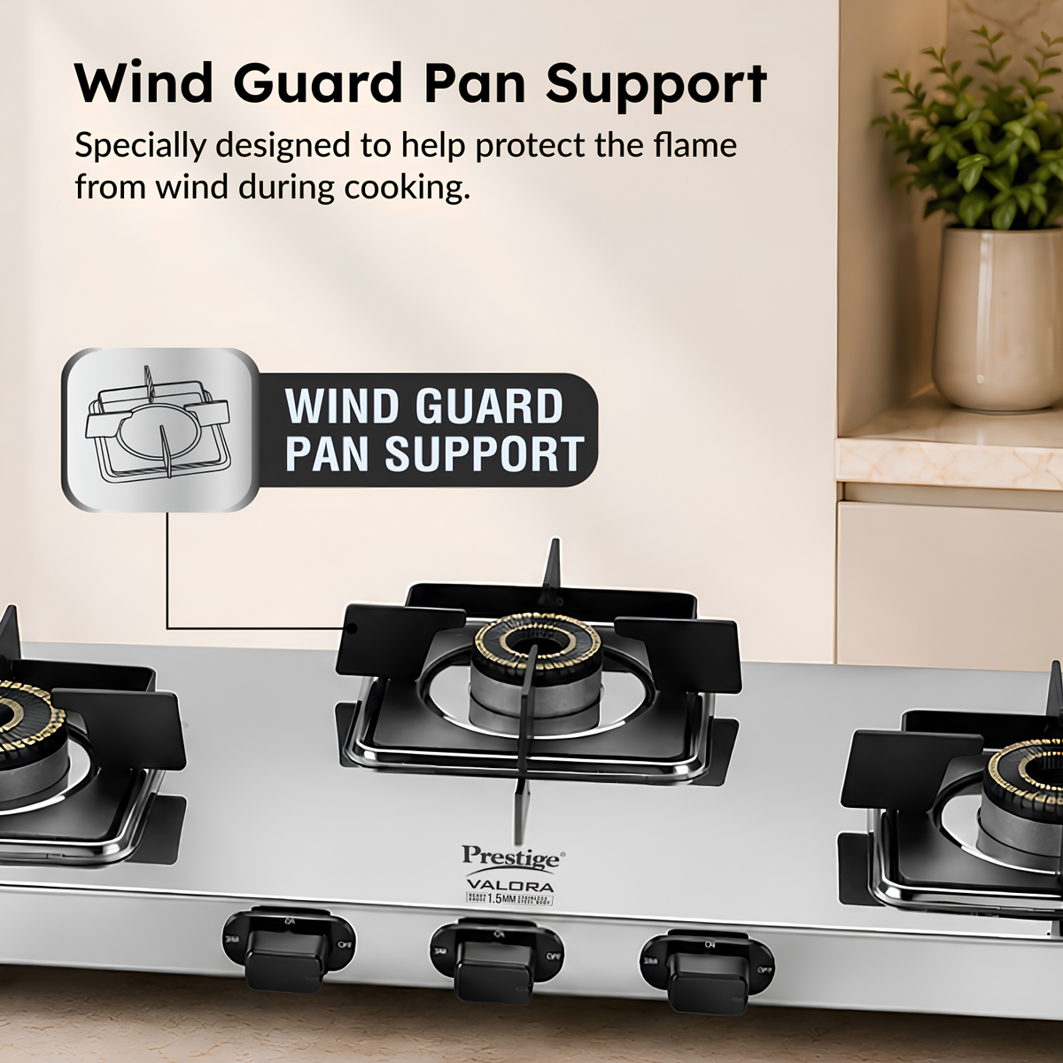 PRESTIGE Valora 03B Premium Heavy Stainless Steel Body L.P. Gas Stove 3 Brass Burners | Wind Guard Pan Support | 360° Revolving Nozzle | Removable Spill Tray
